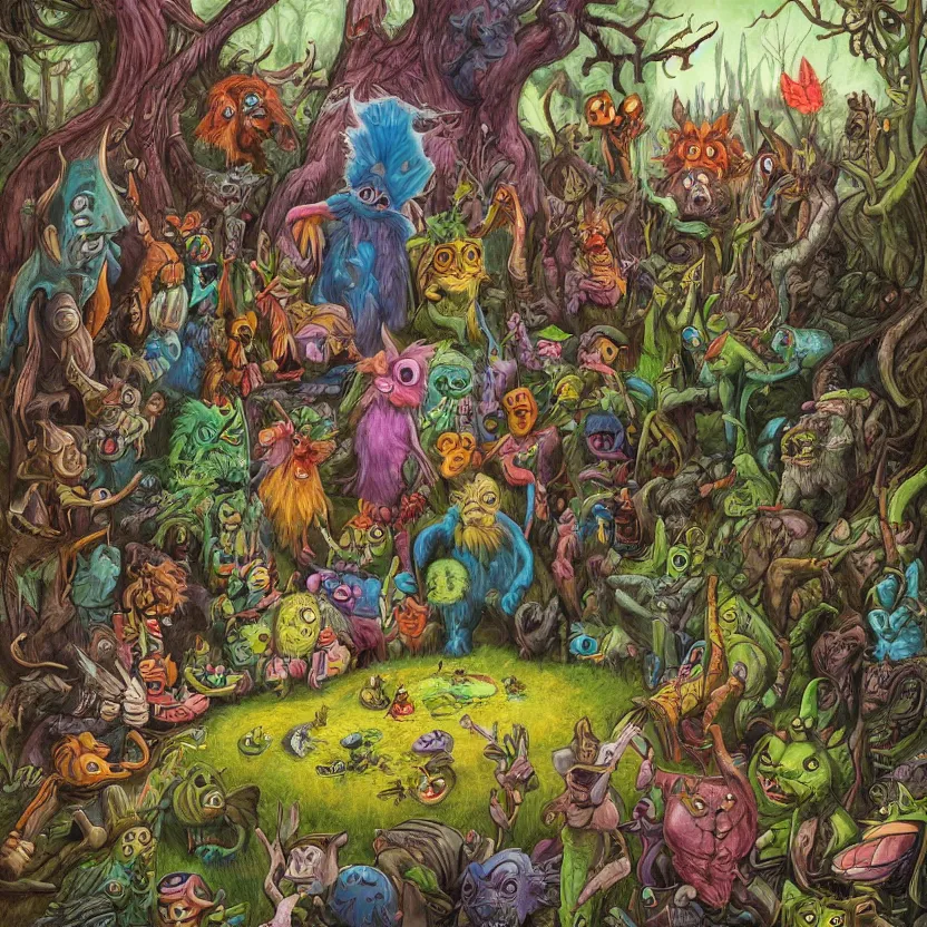 Image similar to a scene of colorful cartoon monsters in the clearing of a dark fantasy forest surrounded by darkness. hyperrealist illustration. muted colors. 1 9 7 0's pulp science fiction and fantasy cartoon for alice in wonderland and wizard of oz. highly detailed and richly colored painting by don ivan punchatz. trending on artstation