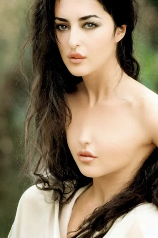 Image similar to young arab Monica Bellucci, blue eyes wearing corrective contact lenses, long wavy black hair, white veil, closeup, focus face, colored, middle eastern