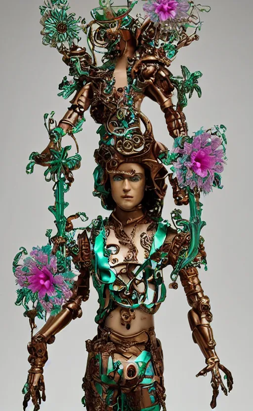 Image similar to a young handsome latino ceramic and pink iron-plated android prince with a large glowing mint crystal in the center of his chest, full-body bronze cyberpunk style statue of Andromeda with glowing green laser eyes, crown of mechanical chrysanthemums, flowing aqua silk, fabric, steampunk flowers. baroque elements, human hands. full-length view. baroque element. intricate artwork by caravaggio. many flying horses on background. Trending on artstation, octane render, cinematic lighting from the right, hyper realism, octane render, 8k, depth of field, 3D