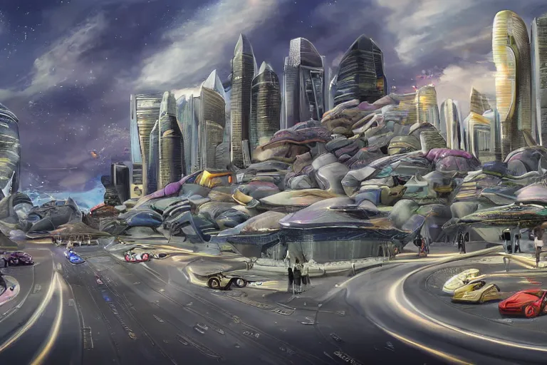 Image similar to luxurious futuristic Singaporean street with advanced civilization, sportscars with expensive streets, with gold intricate details, advanced civilization, at Salar De Uyuni, unique formations on the surface of salt crystallization, sandwiched between sedimentary deposits, bubbling geysers, luxurious, digital painting, concept art, sharp focus, from Star Trek 2021, illustration, by WLOP and Ruan Jia and Mandy Jurgens and William-Adolphe Bouguereau, Artgerm