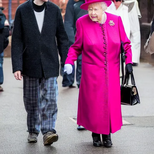 Image similar to pete davidson walking on the street, holding hands with queen elizabeth, candid photo