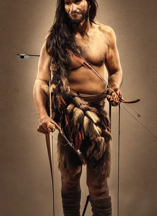 Prompt: portrait painting of a 3 0 year old rugged indigenous aboriginal male, hunting clothing, bow and arrow, long hair, rugged, unreal render cinematic lighting, rutkowski