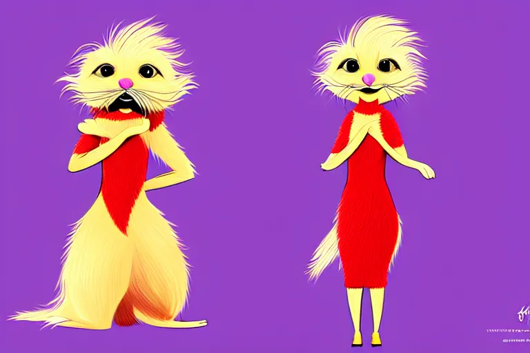 Prompt: lorax movie : detailed illustration : ferret character : wearing a stravagant fur dress : wearing diamonds stiletto : head torso legs : behance