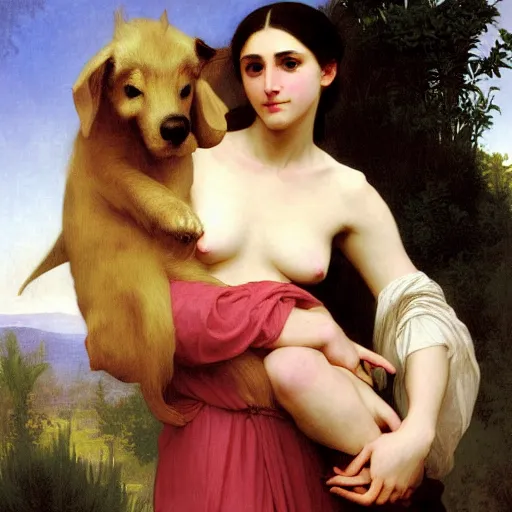 Prompt: portrait of an angelical woman and her giant monster pet, by bouguereau