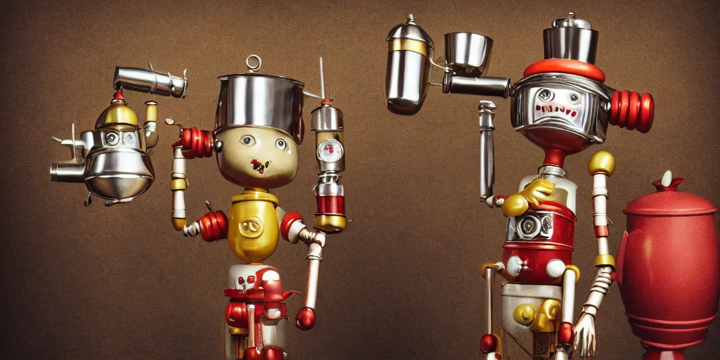 Image similar to closeup portrait of tin toy retro robot chef with flasks in a kitchen, cooking pastry with flasks, depth of field, zeiss lens, detailed, centered, fashion photoshoot, by nicoletta ceccoli, mark ryden, lostfish, breathtaking, 8 k resolution, extremely detailed, beautiful, establishing shot, artistic, hyperrealistic, octane render