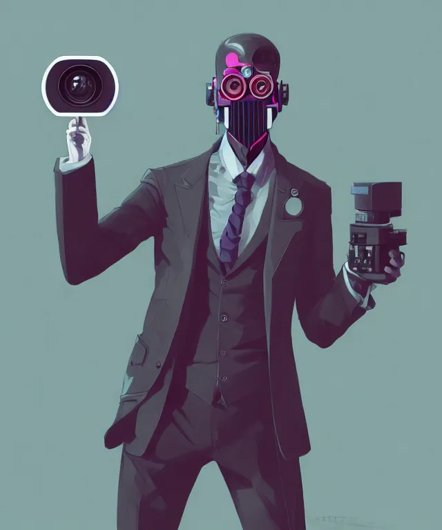 Image similar to a portrait of an anthropomorphic surveillance camera wearing a suit, pointing at the camera, cyberpunk!, fantasy, elegant, digital painting, artstation, concept art, matte, sharp focus, illustration, art by josan gonzalez