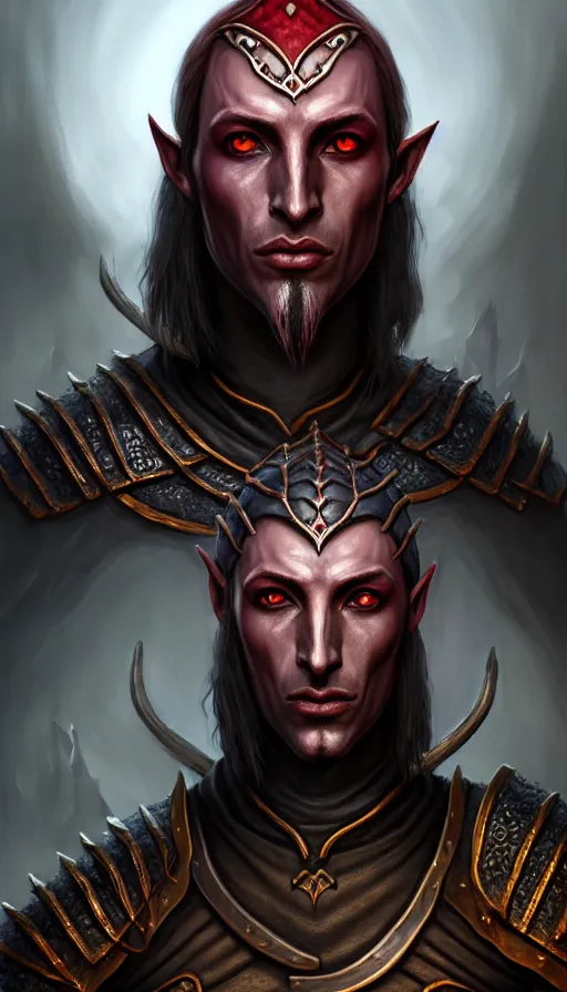 Image similar to hyperrealistic morrowind dunmer male nerevarine in front of balmora, red eyes, 3 / 4 portrait, symmetrical face, handsome face, full body dnd character portrait, medieval armor, morrowind armor, oblivion armor, skyrim armor, eso armor, intricate, highly detailed, elegant, 4 k, artstation, deviantart