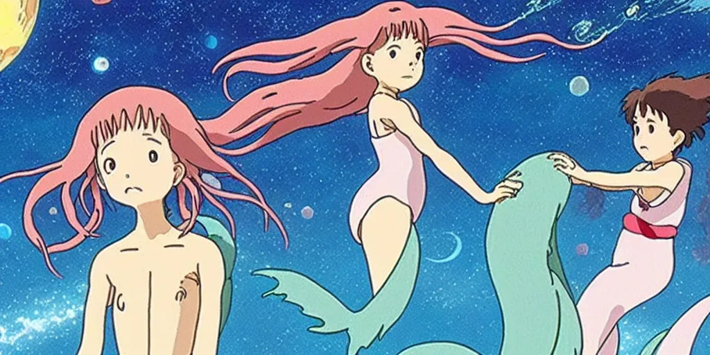 Prompt: studio ghibli animation about a space mermaid film