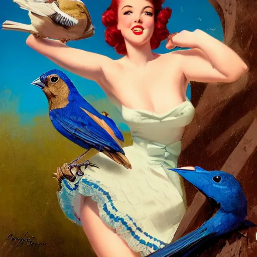 Image similar to portrait of a pinup girl holding an indigo bunting, bird, the bird is wearing a bowtie, by greg rutkowski, rossdraws, gil elvgren, enoch bolles, anime, porcelain skin, very coherent