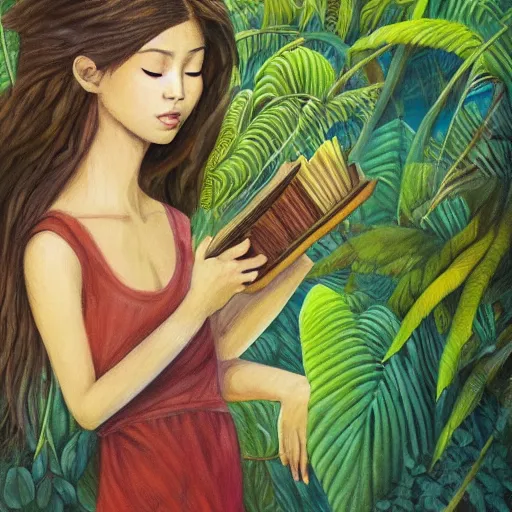 Image similar to a girl in a jungle with a book, her hair flowing down, subtle, intricate details, dynamic pose, real masterpiece, oil on canvas, by somsak anong