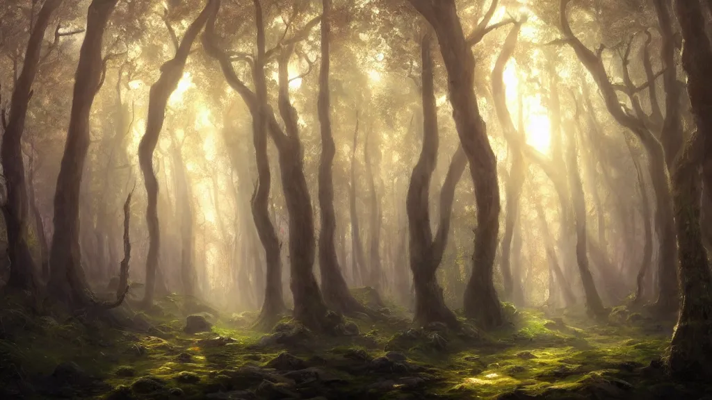 Prompt: The most beautiful painting in the world; an oil painting of a hauntingly beautiful elven forest in the morning; rays of light coming through the canopy; trending on artstation; extraordinary masterpiece!!!!!!; 8k