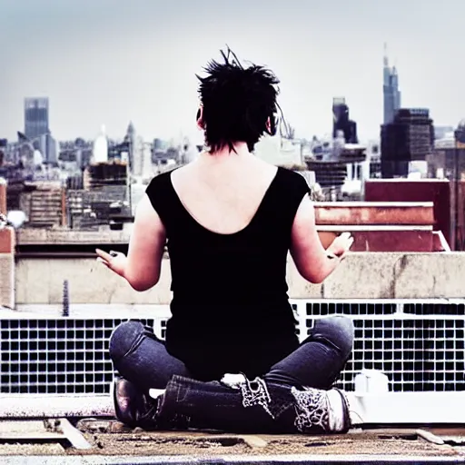 Prompt: short white fringe, sad punk girl. Sitting on rooftop ledge. Overlooking city skyline. Album art cover.