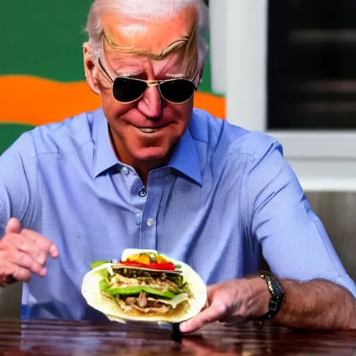 Image similar to joe biden wearing a sombrero eats tacos at mexican restaurant