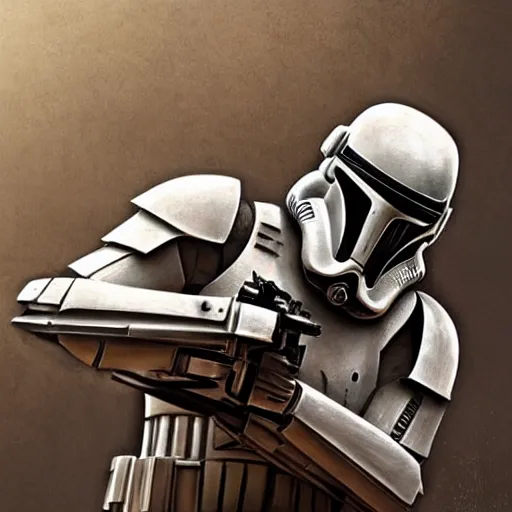 Image similar to full body shot of an imperial stormtrooper in battle position ready to shoot his blaster concept art by Doug Chiang cinematic, realistic painting, high definition, very detailed, extremely high detail, photo realistic, concept art, the Mandalorian concept art style