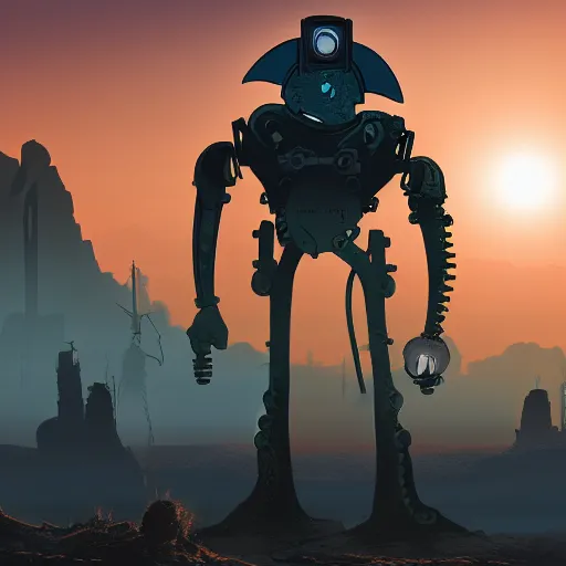 Image similar to a steampunk mech on an alien planet, at sunset with smog