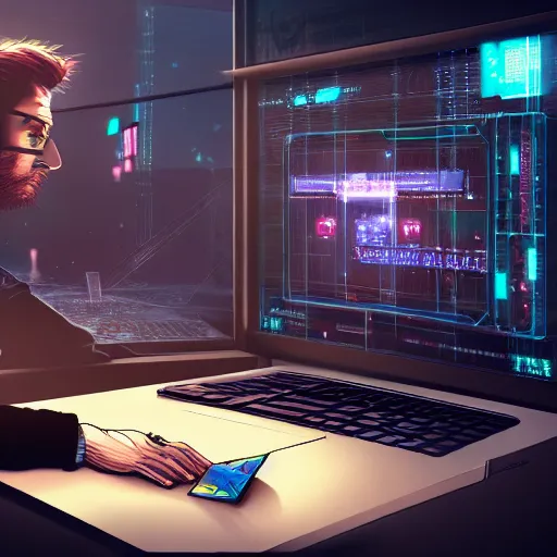 Image similar to realistic successful man typing on laptop in gaming room, artstation trends, cyberpunk concept art, highly detailed, intricate, sharp focus, digital art, 8 k