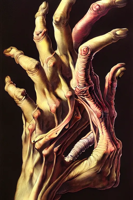 Image similar to human hand artists anatomy in the style of wayne barlowe, gustav moreau, goward, bussiere, roberto ferri, santiago caruso, luis ricardo falero, dali