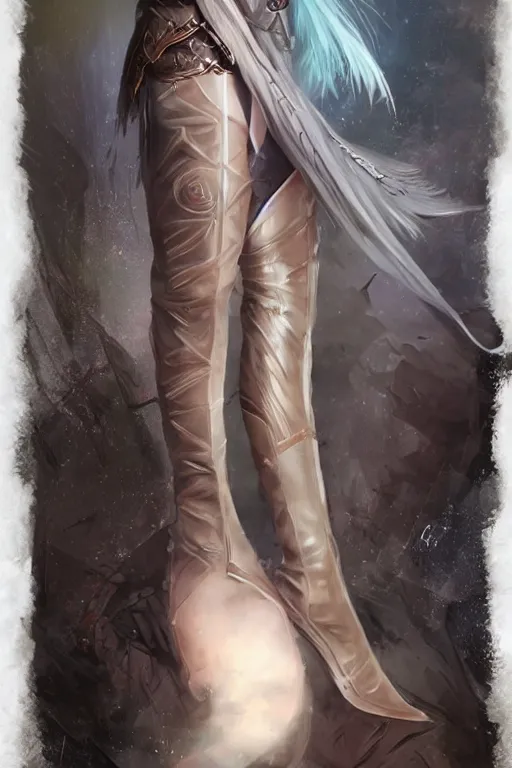 Image similar to a beatiful female elven priestess wearing thigh high black leather boots, hyperrealistic detailed digital art in the style of Charlie Bowater