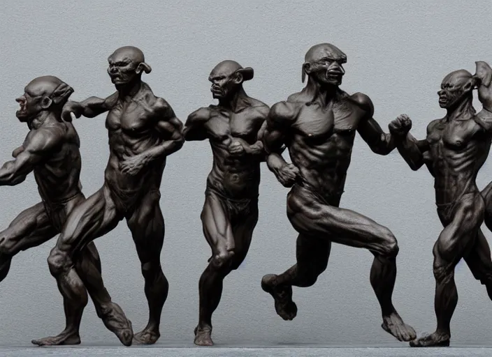 Prompt: a full figure rubber sculpture of a group of running orcs, by Michelangelo, dramatic lighting, rough texture, subsurface scattering, wide angle lens