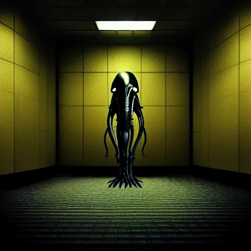 Image similar to black glossy xenomorph alien, endless empty office building, pale yellow wallpaper, moist brown carpet, dim fluorescent lighting, artstation, ultra detailed, creepy, dramatic lighting, photorealistic, art by h. r. giger