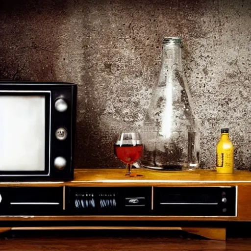 Prompt: winebottle in front of old television set, real madrid is playing