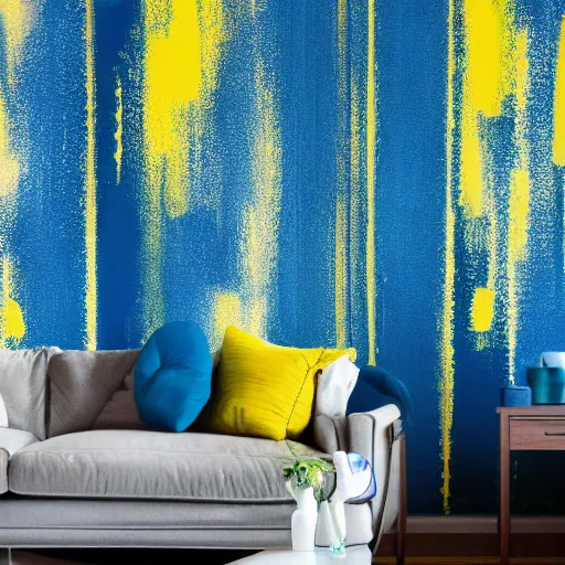 Prompt: interior of a living room, modern minimal design, abstract painting as wallpaper pattern, blue, yellow, photorealist, 4 k