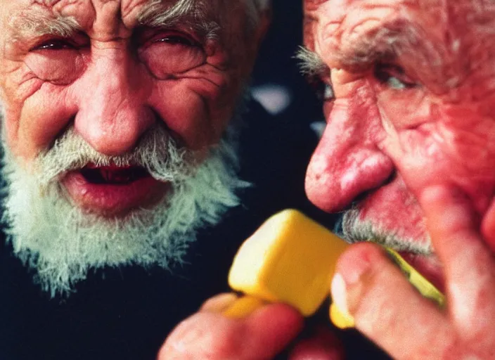 Image similar to a extreme close - up, color studio photographic portrait of a old russian man eating ice, dramatic backlighting, 1 9 9 3 photo from life magazine,