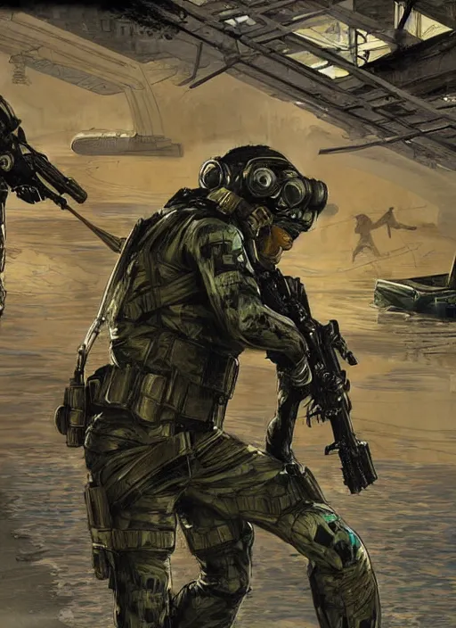 Image similar to solid snake. USN blackops operator emerging from water at the shoreline. Operator wearing Futuristic cyberpunk tactical wetsuit and looking at an abandoned shipyard. Frogtrooper. rb6s, MGS, and splinter cell Concept art by James Gurney, Alphonso Mucha. Vivid color scheme.