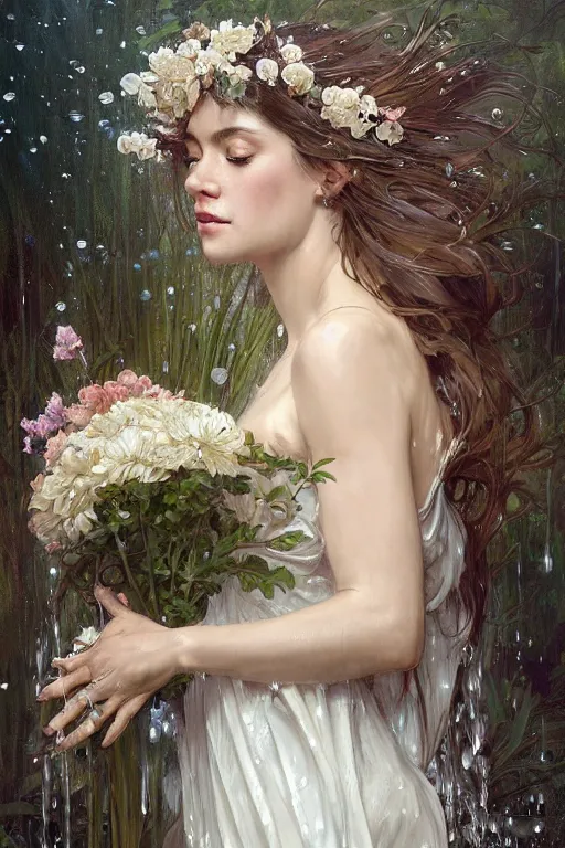 Prompt: portrait of a beautiful woman wearing a white dress, holding a bouquet of flowing flowers, drenched body, wet dripping hair, emerging from the water, fantasy, regal, fractal crystal, fractal gems, by stanley artgerm lau, greg rutkowski, alphonse mucha, loish, norman rockwell