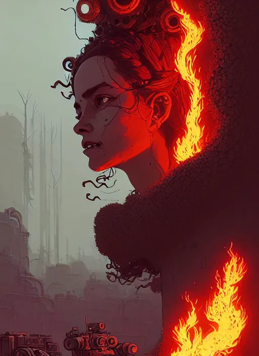 Image similar to highly detailed portrait of a wasteland long curly fire hair tribal lady, stray wiring by atey ghailan, james gilleard, by joe fenton, by greg rutkowski, by greg tocchini, by kaethe butcher, 4 k resolution, gradient red, orange, black and white color scheme!!! ( ( burning flaming robotic dystopian city background ) )