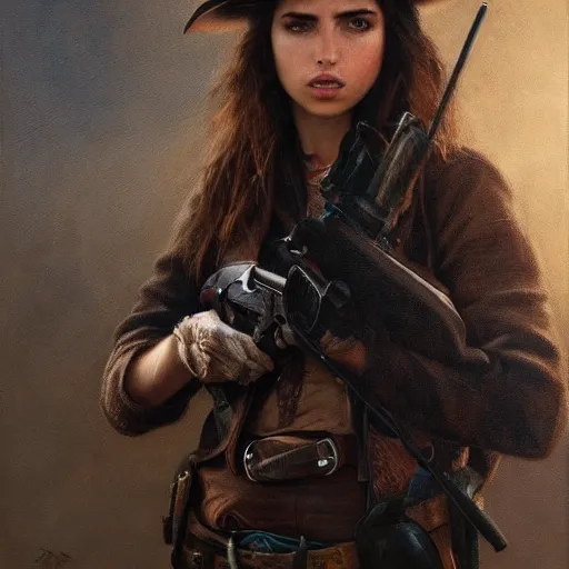 Image similar to ultra realistic portrait painting of ana de armas as a western outlaw wearing a black bandana over her face, art by michael sowa, 4 k, ultra realistic, highly detailed, epic lighting