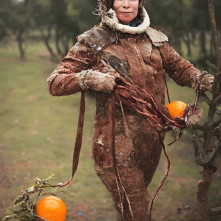 Image similar to a closeup portrait of a woman wearing a ski suit made of rusted nails and ribbons, picking oranges from a tree in an orchard, foggy, moody, photograph, by vincent desiderio, canon eos c 3 0 0, ƒ 1. 8, 3 5 mm, 8 k, medium - format print