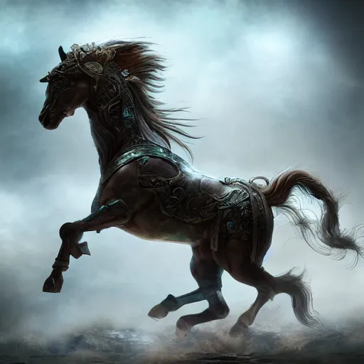 Prompt: The Chinese Zodiac sign of horse warrior, traditional Chinese textures, hyper detail, Unreal engine,Octane render, by Brooke Shaden