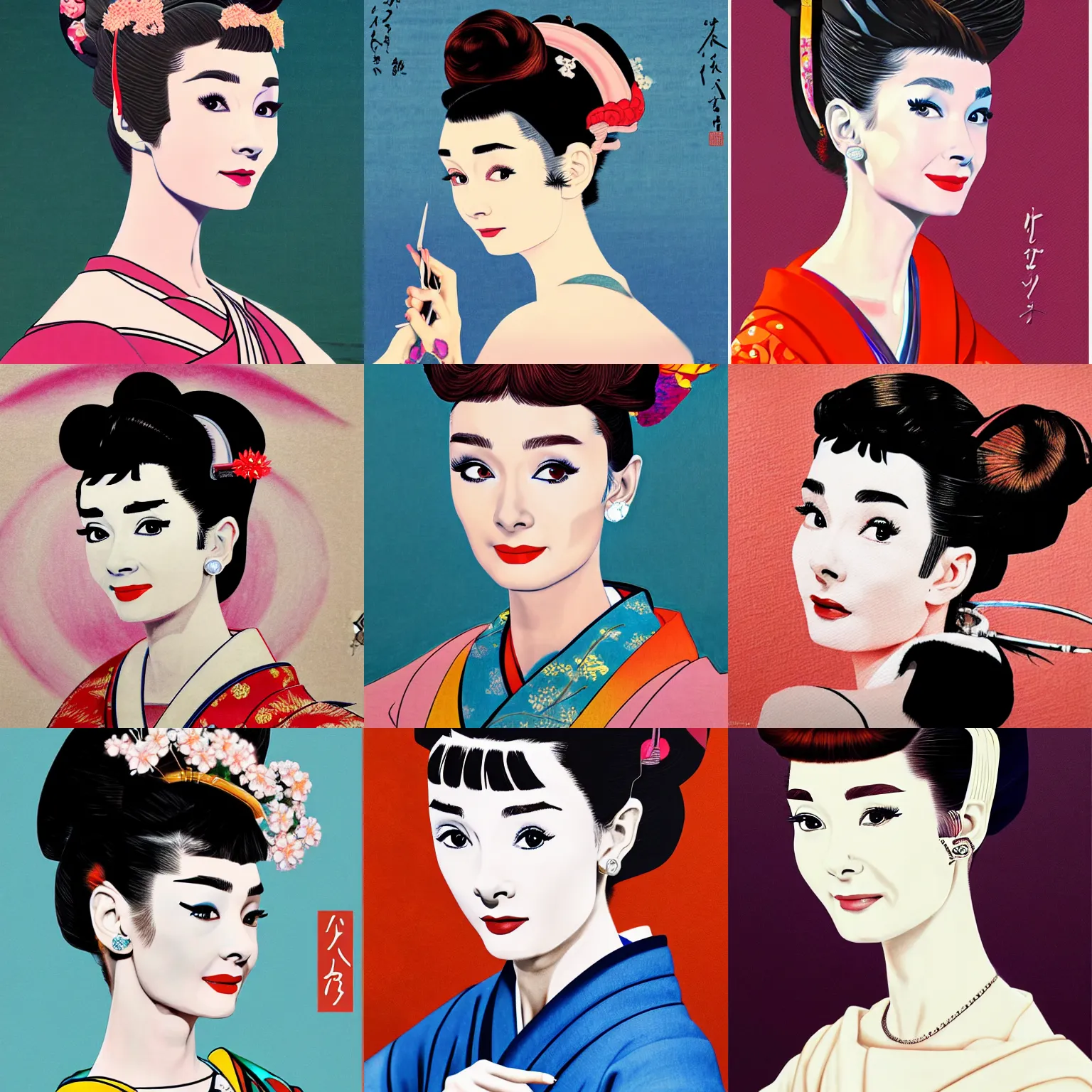 Prompt: painting of audrey hepburn as orian with flamboyant hair decoration in ukiyo - e art, half body, 4 k, ultra detailed, photo realistic