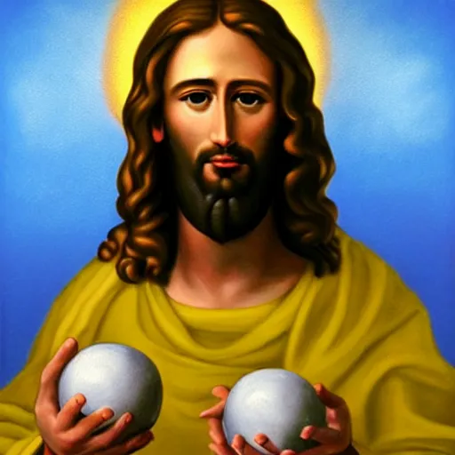 Image similar to painting of jesus holding giving two balls from each hand