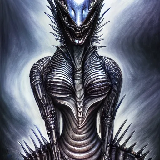 Image similar to Giger portrait of queen dragon, Dragon in dragon lair, HD, full body dragon concept, flying dragon, soft shading, hyperdetailed, wide angle lens, fantasy, futuristic horror, style of giger