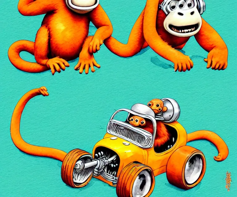 Image similar to cute and funny, orangutan wearing a helmet riding in a tiny hot rod with oversized engine, ratfink style by ed roth, centered award winning watercolor pen illustration, isometric illustration by chihiro iwasaki, edited by range murata, tiny details by artgerm, symmetrically isometrically centered