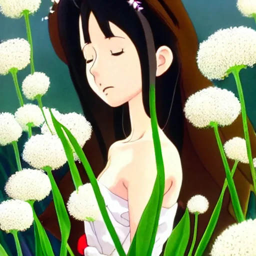 Image similar to beautiful mexican woman, dancing in a tulip and baby's breath field, dark skin, septum piercing and nose ring, prominent cheek bones, black hair and brown eyes, studio ghibli art style, art by hayao miyazaki, makoto shinkai