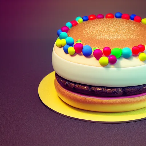 Prompt: cake art, hamburger cake, tasty, youtube, photography, 8 k, octane render, ultra - realistic, intricate details, food, instagram, sharp focus, depth of field, bokeh, daniel krieger, gourmet, lisa frank - s 5 0