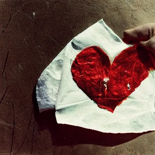 Image similar to A crumpled and burnt napkin in the shape of a heart, floating over a woman, by Lucien Clergue