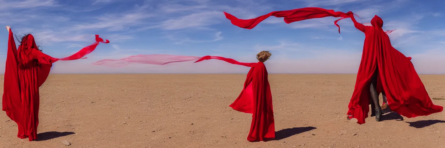 Prompt: a woman in an endlessly long red cape that ribbons across the sky behind her as she flies above a barren blue desert