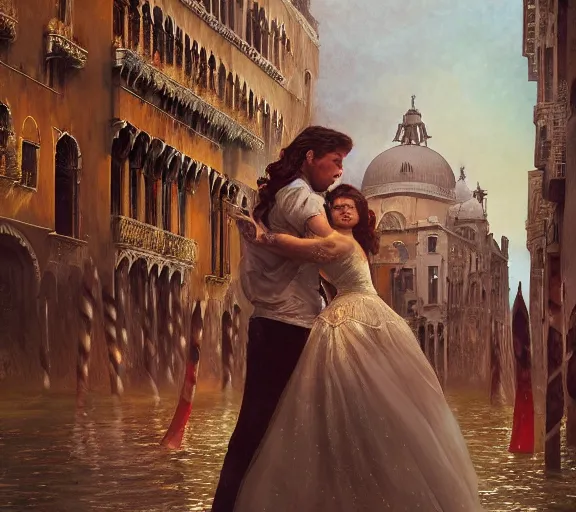 Image similar to photography of a 1 8 th couple in venice with fireworks, deep focus, intricate, elegant, highly detailed, digital painting, artstation, concept art, matte, sharp focus, illustration, art by artgerm and greg rutkowski and alphonse mucha and gil elvgren