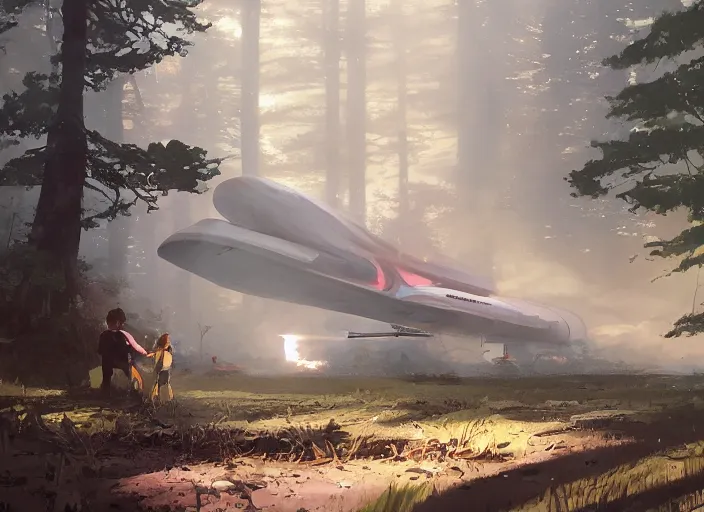 Prompt: a crash-landing sight of a big, tall, long, spaceship in a forest on the ground, smoke in the air, atmospheric lighting, debris on ground, smoke and small flame on ship. By Makoto Shinkai, Stanley Artgerm Lau, WLOP, Rossdraws, James Jean, Andrei Riabovitchev, Marc Simonetti, krenz cushart, Sakimichan, trending on ArtStation, digital art.
