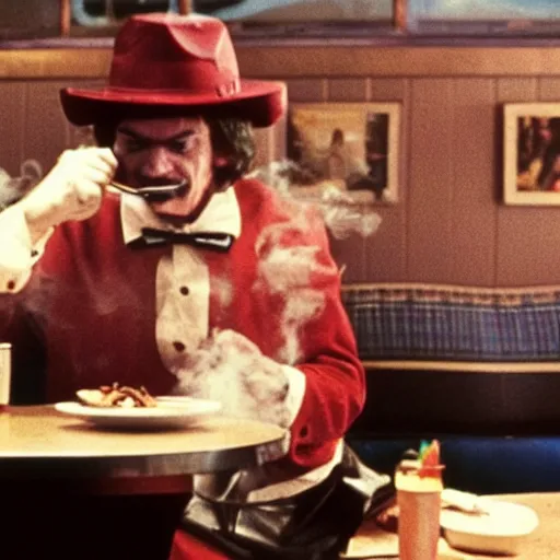 Image similar to A still of Ronald McDonald smoking a cigar in a diner from a gritty 1970s film directed by Martin Scorsese