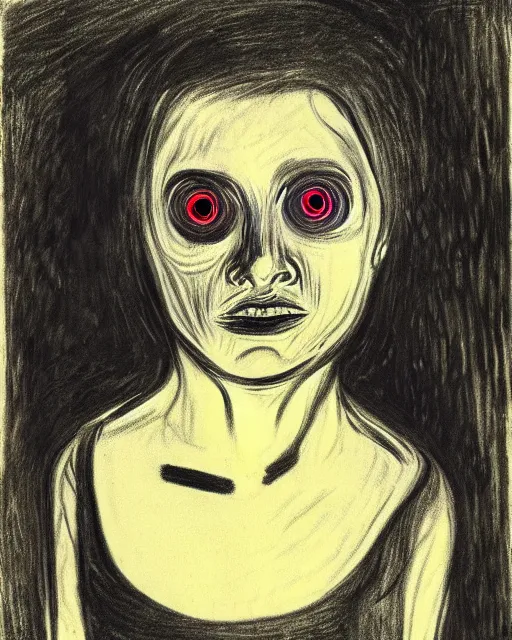 Image similar to scary portrait of a young female with glowing eyes, drawing by Edvard Munch