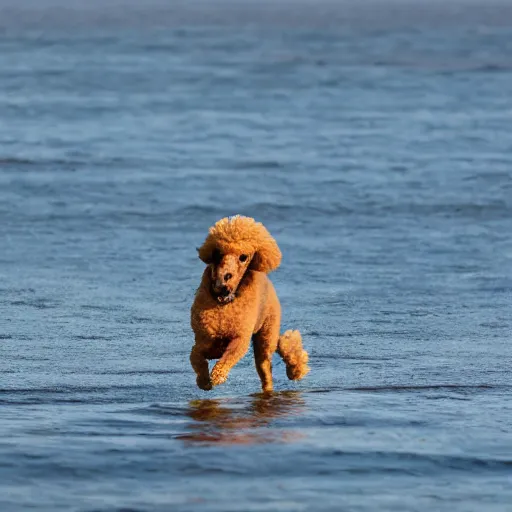 Prompt: a poodle running across the ocean