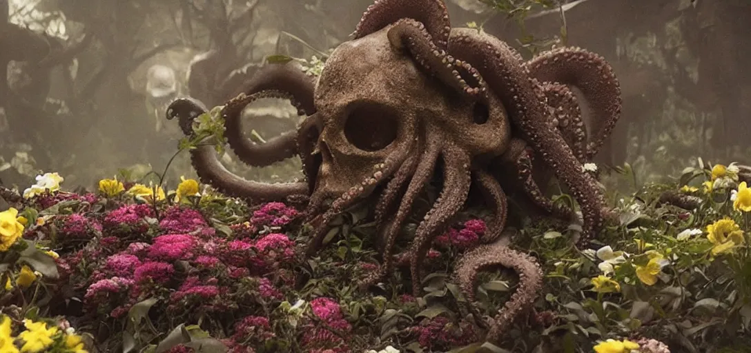 Prompt: an octopus in the shape of a skull surrounded by flowers at midnight, foggy!, cinematic shot,, photo still from movie by denis villeneuve, wayne barlowe