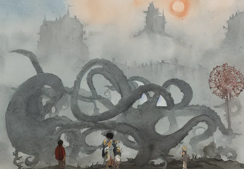 Image similar to a hyperrealist watercolor concept art from a studio ghibli film showing one giant grey octopus. a temple is under construction in the background in india on a misty and starry night. by studio ghibli. very dull muted colors