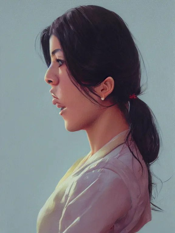 Prompt: an ultradetailed beautiful portrait painting of a mexican girl as a journalist, side view, oil painting, high resolution, by ilya kuvshinov, greg rutkowski and makoto shinkai