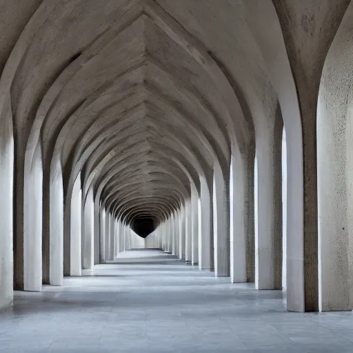 Prompt: a massive brutalist archway, tesselated like the ceilings of iranian mosques, celestial lighting, 8 k - n 4